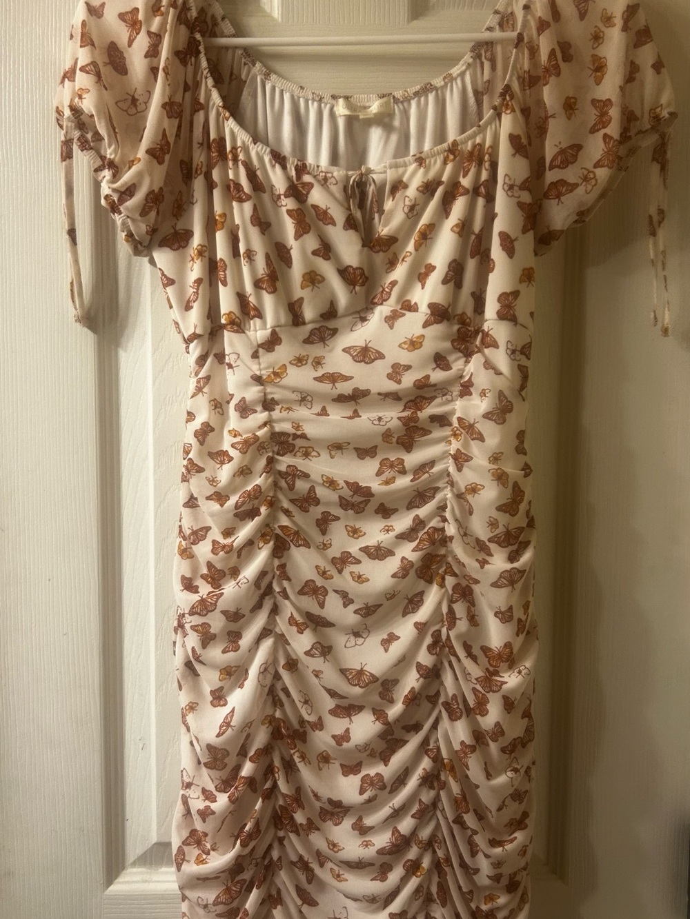 Butterfly Print Ruched Cream Midi Dress